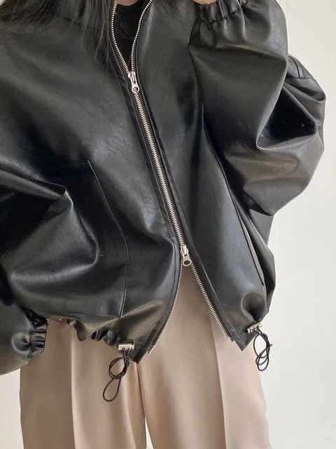 

Sli Autumn Motorcycle Jaet Women's Coat with Dstring Stand Collar Large ket Design Long Sve Zipper Leather Jaet