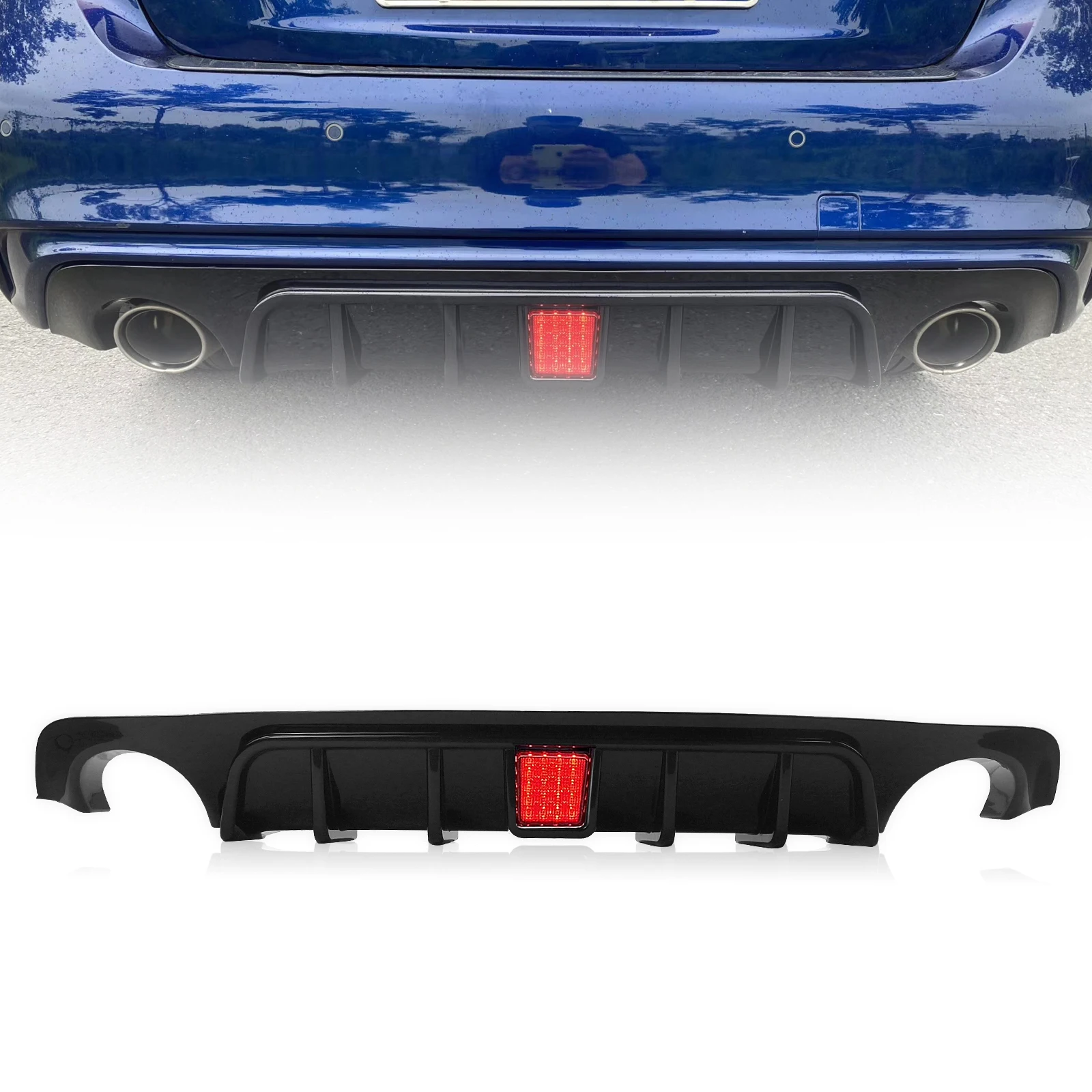 

For Infiniti Q50 Q50L 2018 2019 2020 2021 2022 2023 Rear Diffuser Bumper Lip Gloss Black/Carbon Fiber Look Spoiler Plate W/ Lamp