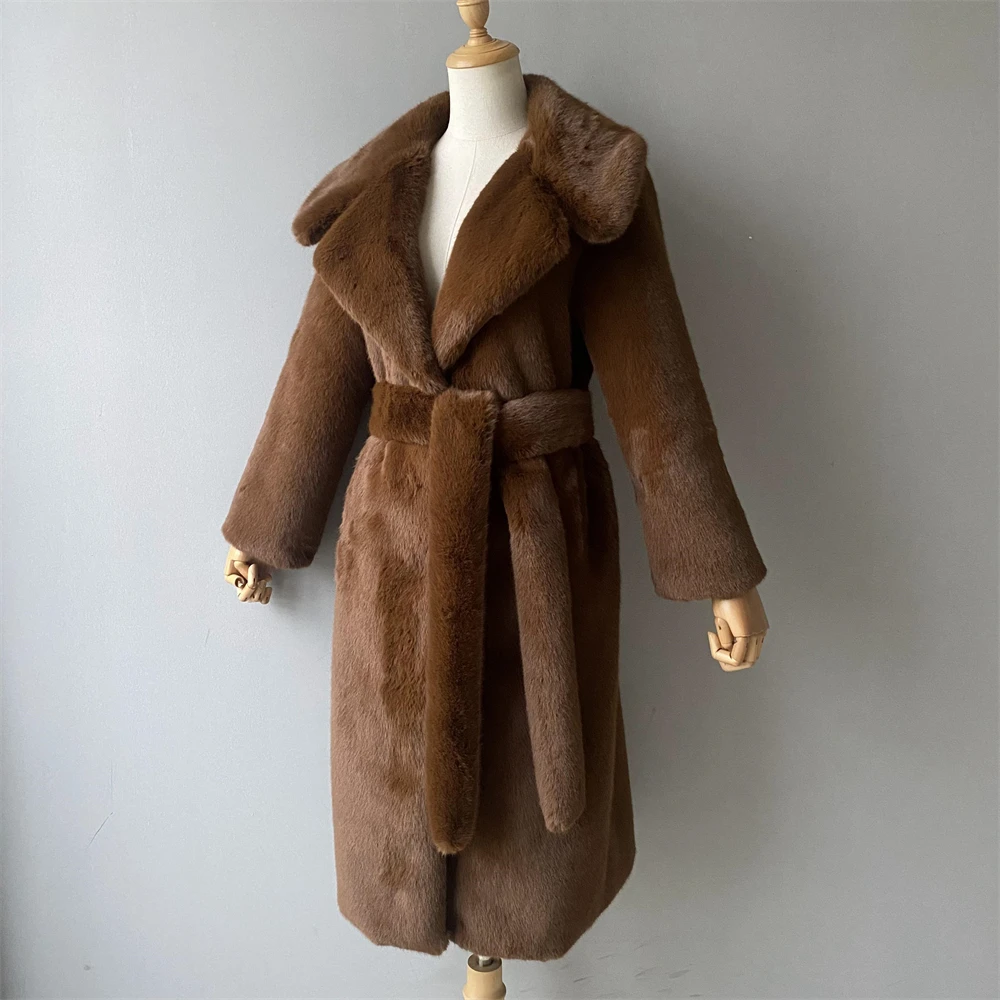 Jaxmonoy Dames Nepbont Trenchcoat Winter Volle Mouwen Warme Bovenkleding Dames Slanke Lange Bontjassen Met Riem Nieuwe Aankomst