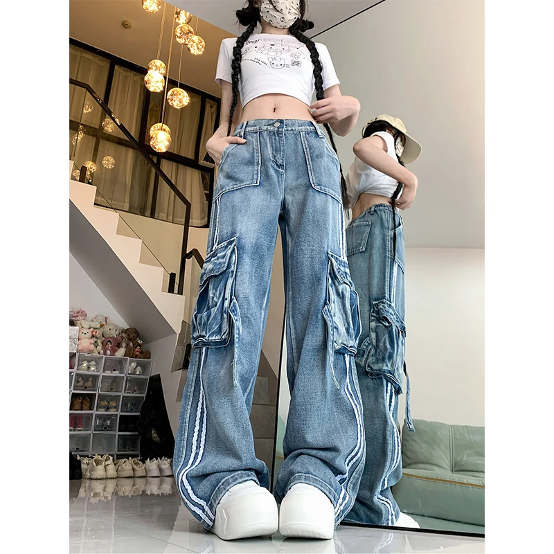 

2024 New High Waisted Striped Blue Large Pocket Workwear 2000s Jeans Women Y2k Retro Loose Fitting Slimming Chic Wide Leg Pants