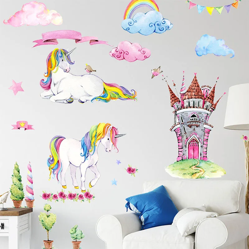 

Watercolor cartoon rainbow unicorn wall sticker, kindergarten scene layout wall sticker