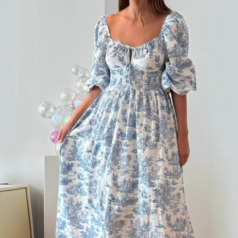 Robe longue d'été Vintage pour femmes, Streetwear, avec nœud papillon, motif Floral, smockée, manches longues lanterne, robes trapèze, nouvelle collection 2025