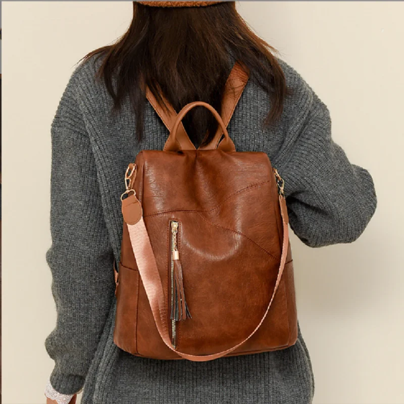 2026 New Fashion Classical Soft Leather Travel Backpacks Women's Tassels Design Large Capacity Shoulder Bags Totes School Bag
