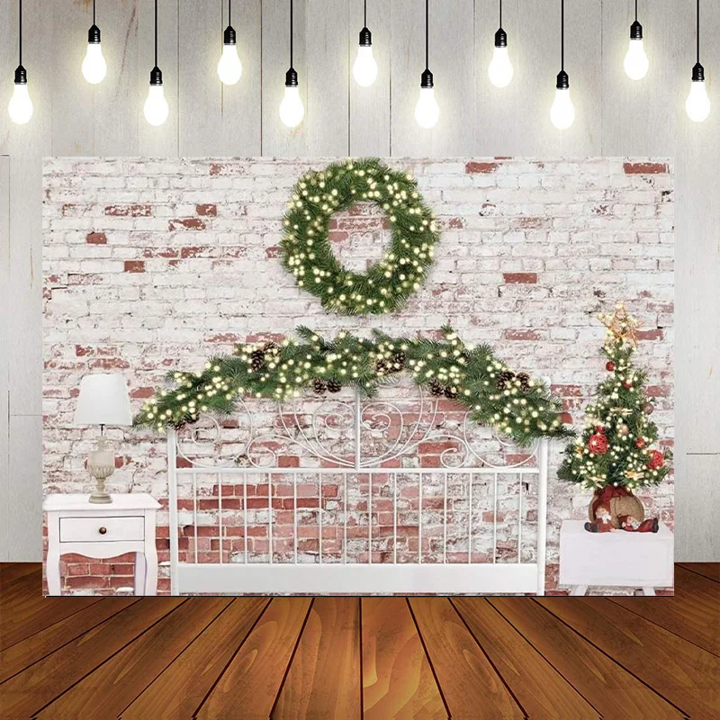 

White Headboard Bed Brick Wall Photography Backdrop Newborn Kids Christmas wedding Birthday Party Decoration Banner Background