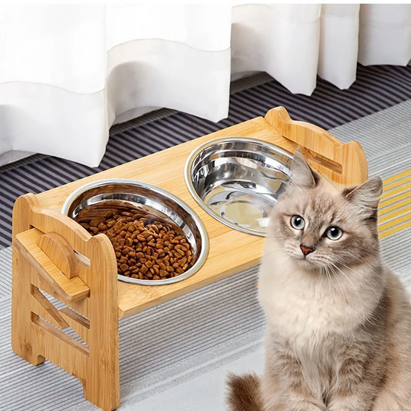 

Elevated Dog Bowl Adjustable Bamboo Feeding Rack with 2 Stainless Steel Bowls Suitable for Small Dogs Cats and Pet Accessories
