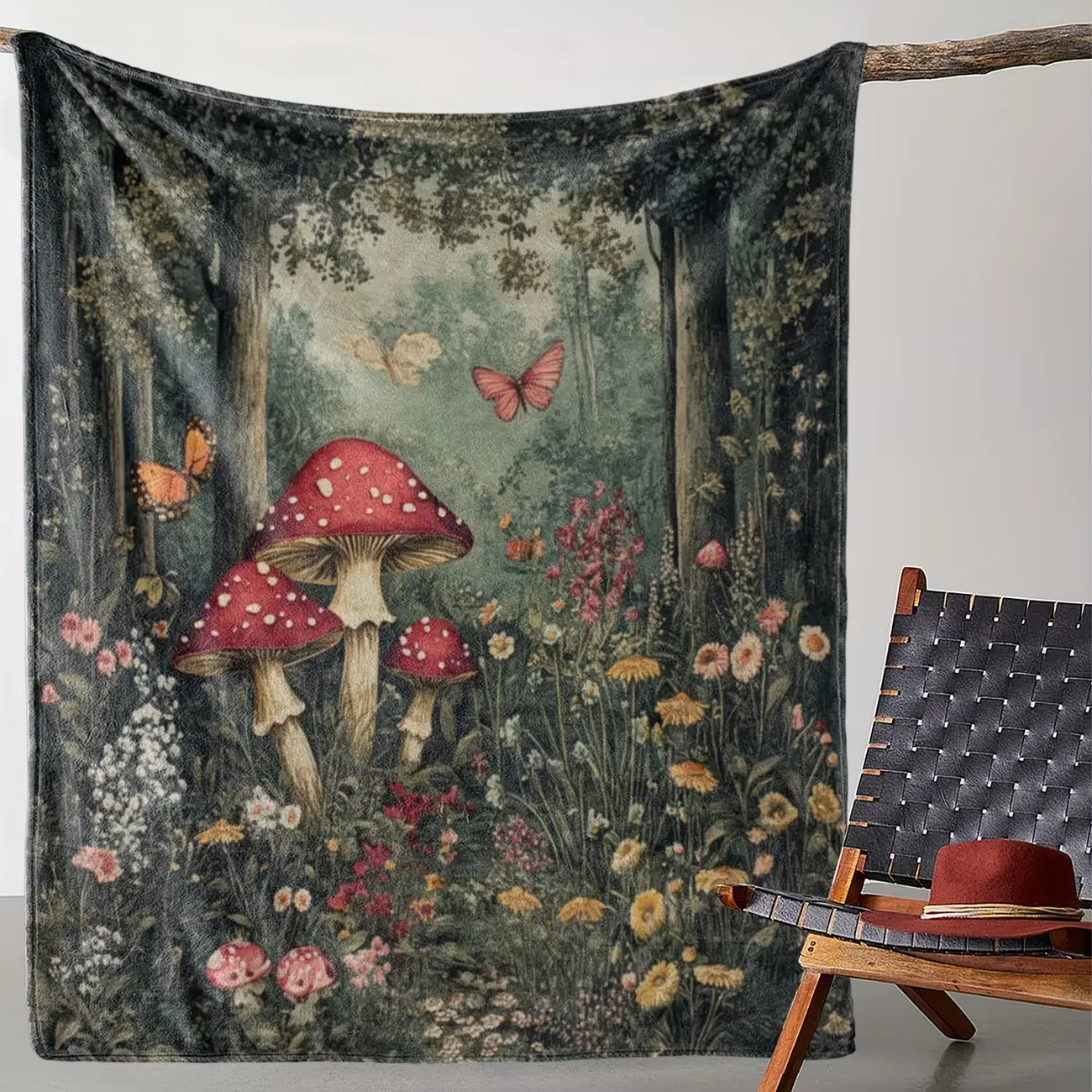 Enchanted Forest Mushroom Lily Pads Flannel Blanket Soft Warm All-Season Cozy Throw with RedWhite Mushrooms Butterflies Blanket
