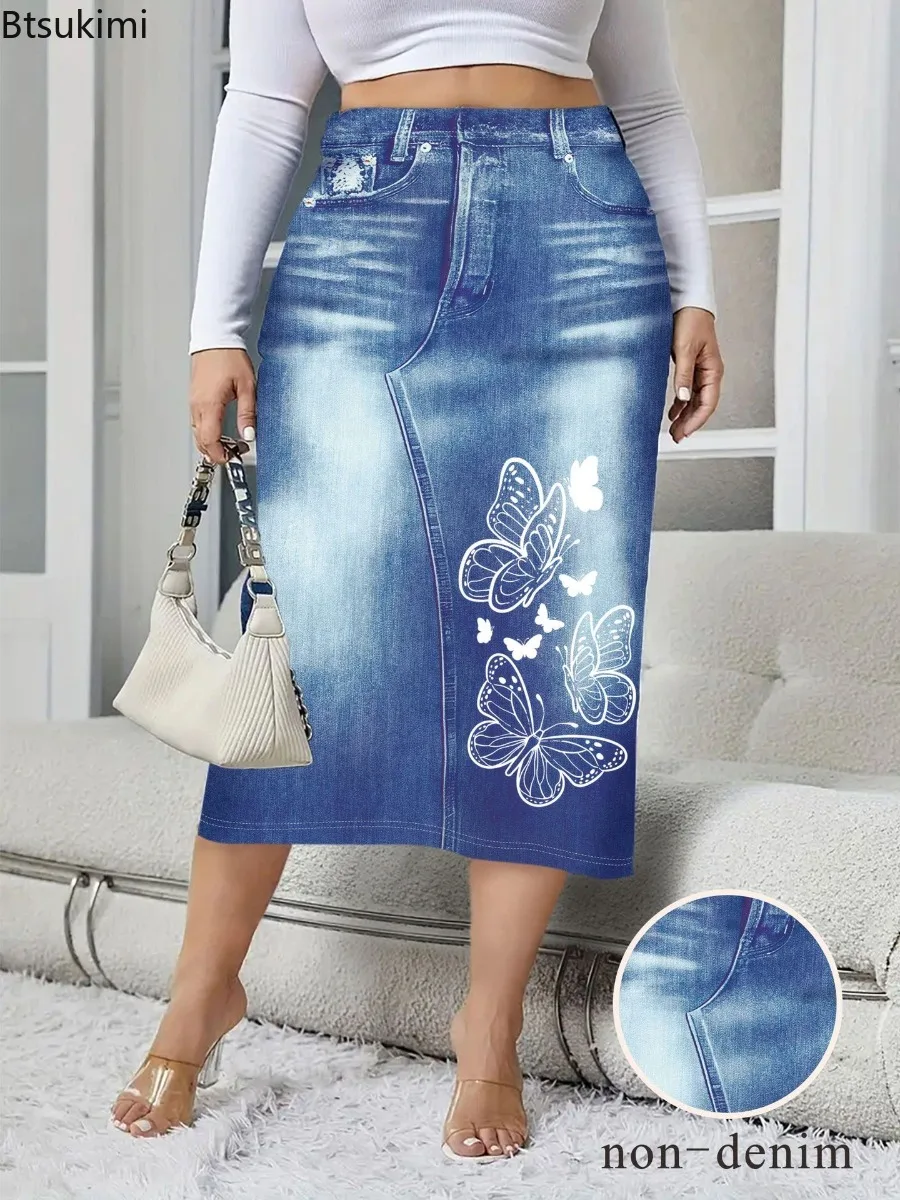 New 2025Women's Spring Autumn Elegant Modest Plus-size Skirts Fashion Women's Silm Fit Dress Imitation Denim Print Bag Hip Skirt