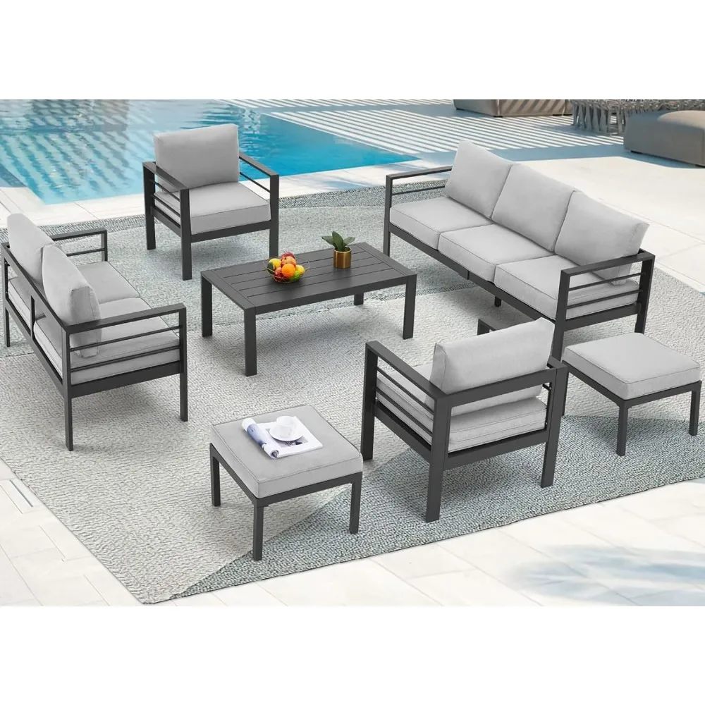 Juego de muebles de aluminio para Patio, mueble moderno de exterior con mesa de centro, juego de 7 con cojines grises, color gris claro