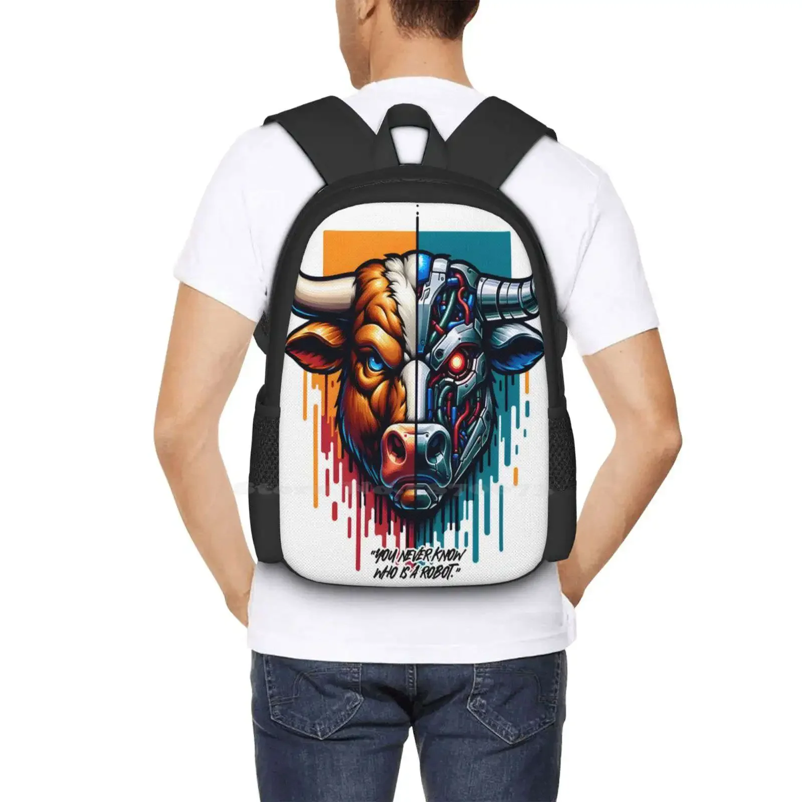 أنت لا تعرف أبدًا، الثور هو روبوت. تي شيرت رائجة البيع حقيبة مدرسية على ظهره حقائب الموضة Cybernetic Bull الميكانيكية البقري مستقبلية
