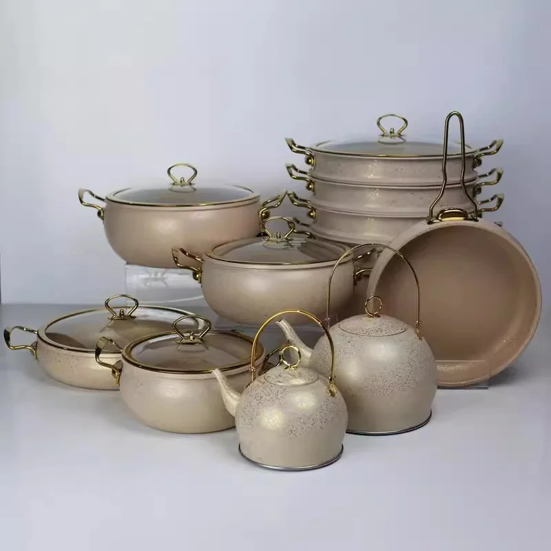 Big Capacity 24 Item Non-Stick Cooking Set 28CM Shallow Pan 1L 3L Kettle African Market Hardware Distribution B2B Wholesale