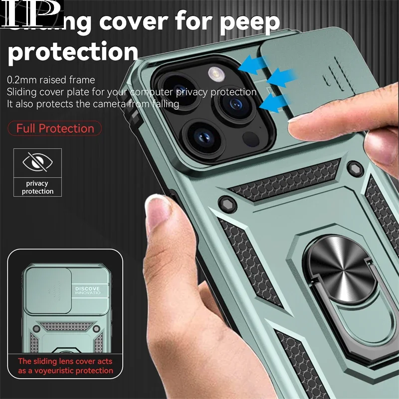 Sliding Push Window Case For iPhone 15 Pro Max Case iPhone 15 Cover Armor Shockproof Metal Ring Holder Camera Protector Cover