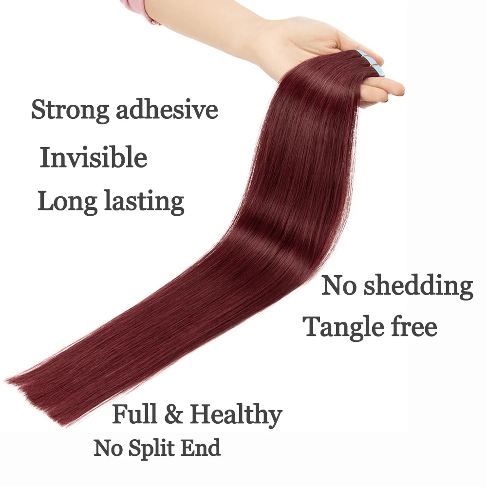 وصلات شعر بشري بشريط 99J باللون العنابي مفرود - شعر برازيلي غير معالج بنسبة 100%، طول حقيقي وسهل الاستخدام للنساء #3