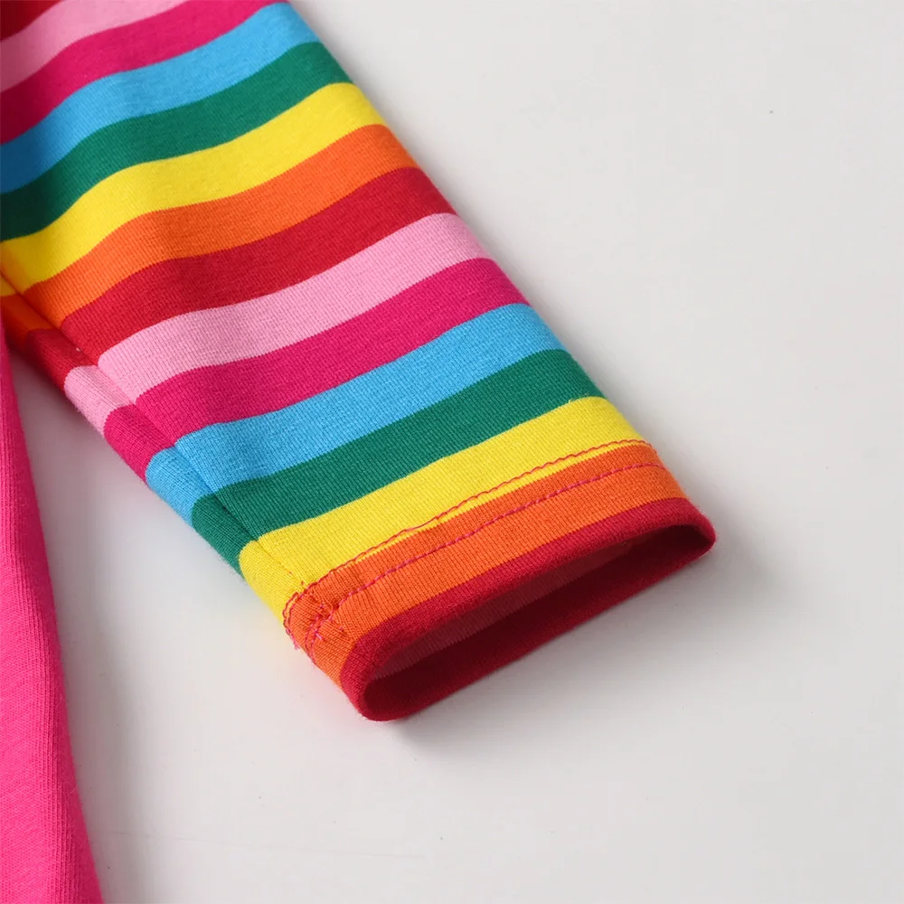 VIKITA Mädchen-Kleid mit Einhorn-Print, Regenbogen-Streifen und Rüschenärmeln, gerades Kleid für Kinder, Baumwolle, lässig, täglich, weich, gemütlich, rosa Outfit-Kleider – Detail 5