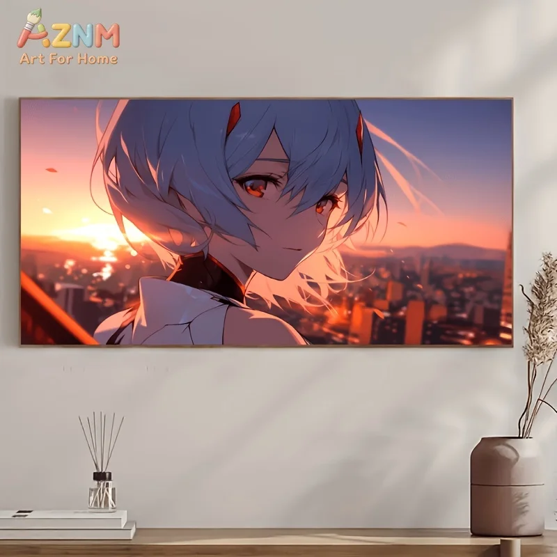 AZNM Neon Genesis Evangelion Ayanami Rei Sunset City Anime Canvas Wall Art Unframed Painting for Home Decor