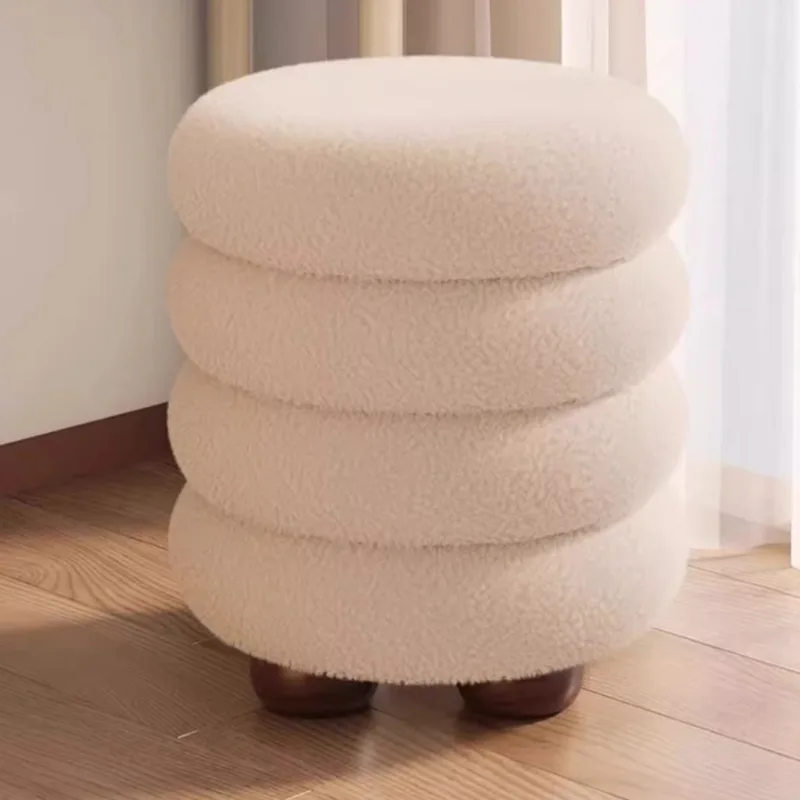 Vanity Stool with Faux Fur, Creamy Style Light Luxury Round Stool, Soft Plush Makeup Chair for Bedroom Dressing Table