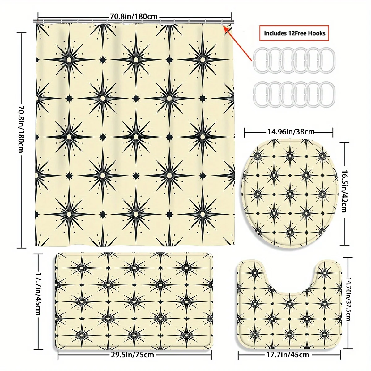 4pc Black star-patterned bathroom set, including shower curtain, non-slip mat, toilet seat cover, and non-slip mat.