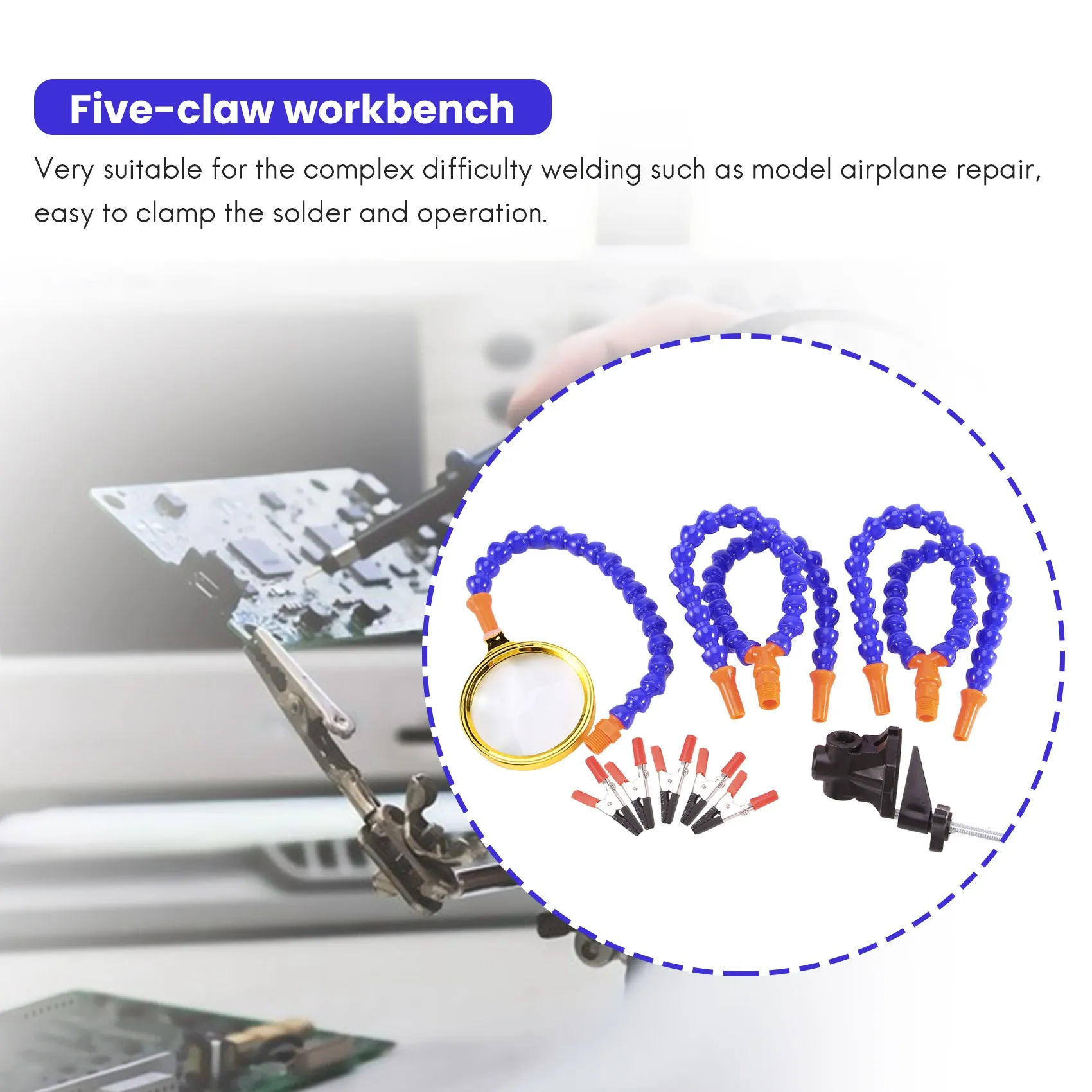 ABVC Bench Vise Table Clamp Soldering Station With 5Pc Flexible Arms Soldering Iron Holder Pcb Welding Repair Third Hand Tool
