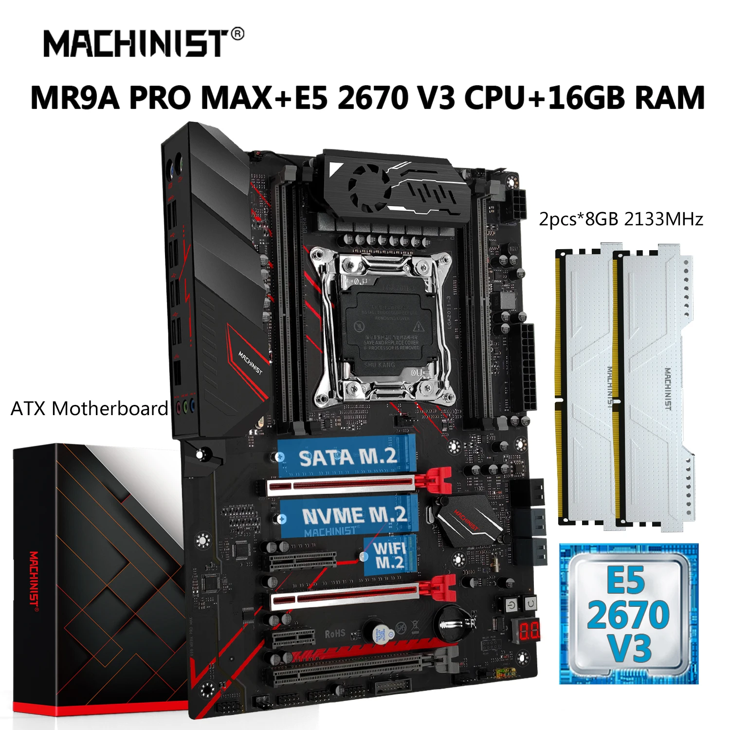 Machinis X99 Set Motherboard LGA 2011-3 Xeon Kit prosesor E5 2670 V3 16GB(8G * 2) memori Combo ECC DDR4 SSD NVME USB3.0 ATX MR9A