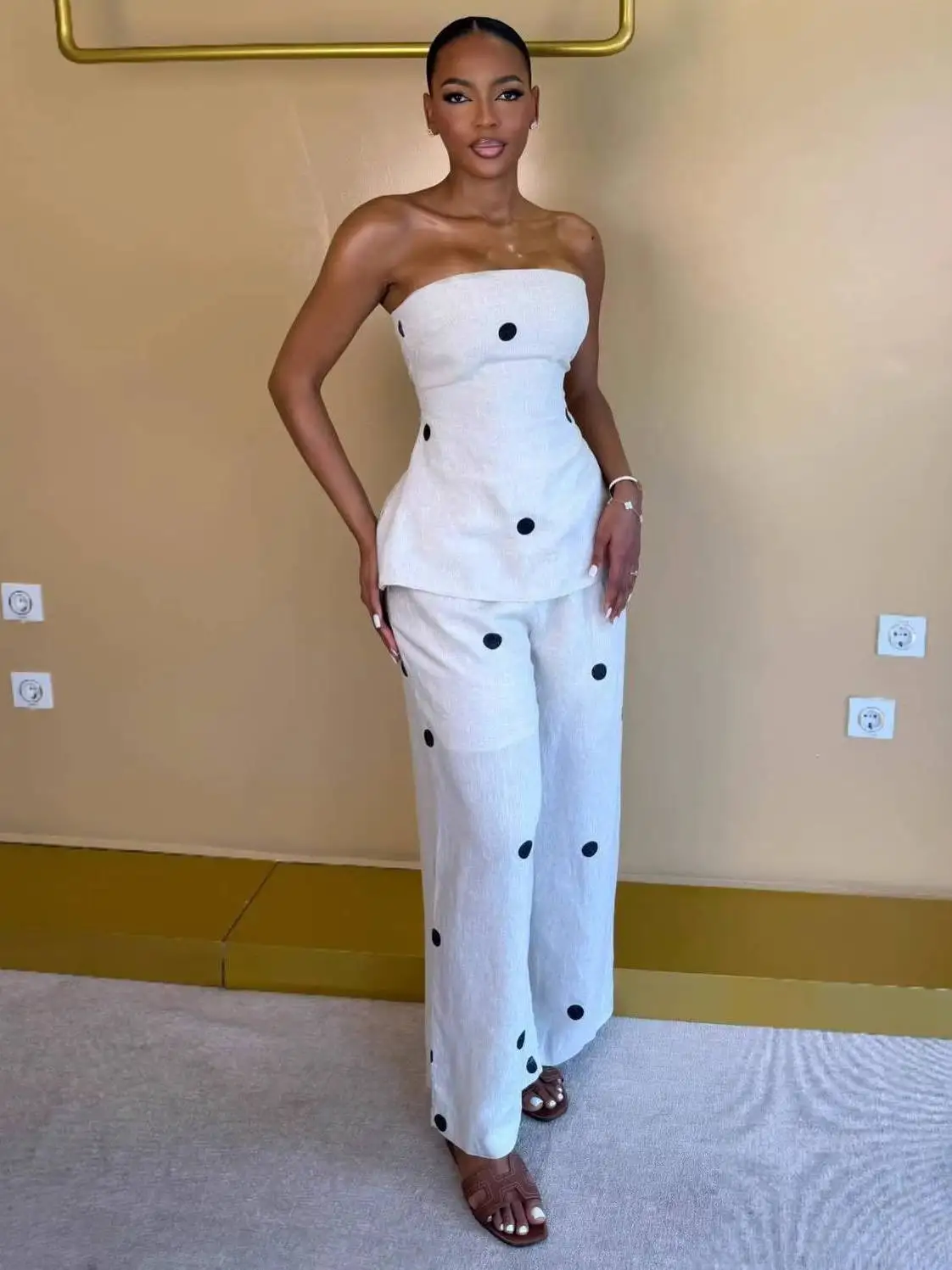Fashionable Polka Dot Tube Top And High Waist Pants Casual Two Piece Set Women's Summer 2026 Sweet Style Polyester Fiber