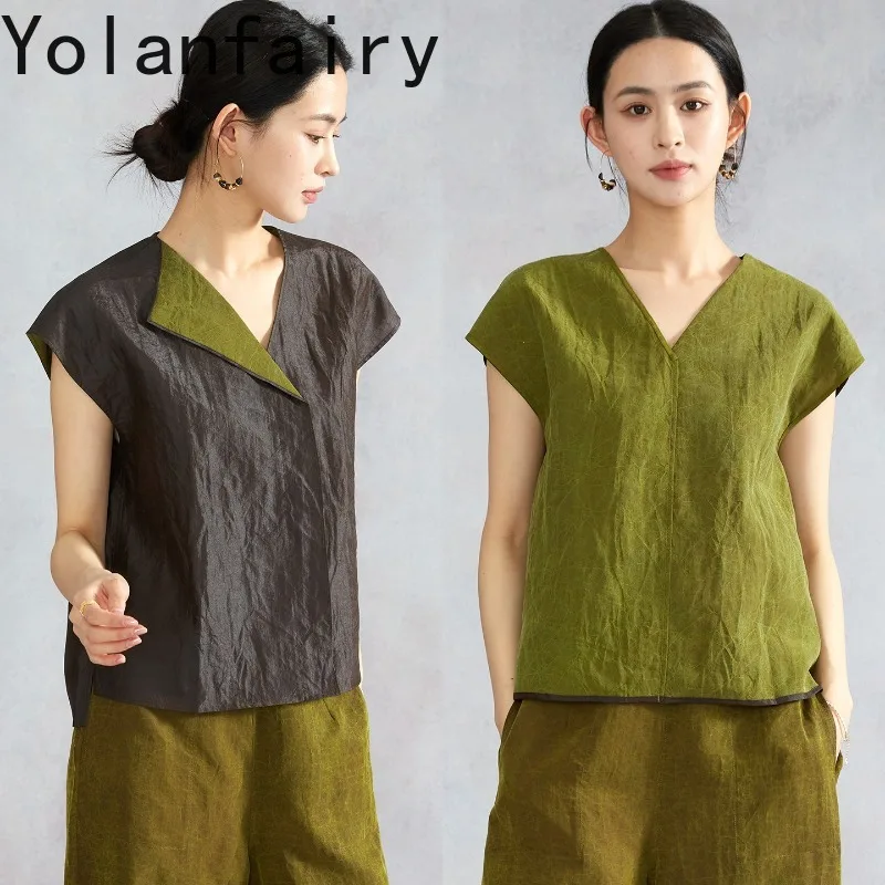 YOLANFAIRY Crack Texture Gambiered 100% Mulberry T Shirt Woman V Neck Short Sleeve Reversible Tee Shirt Femme Womens Tops Blouse