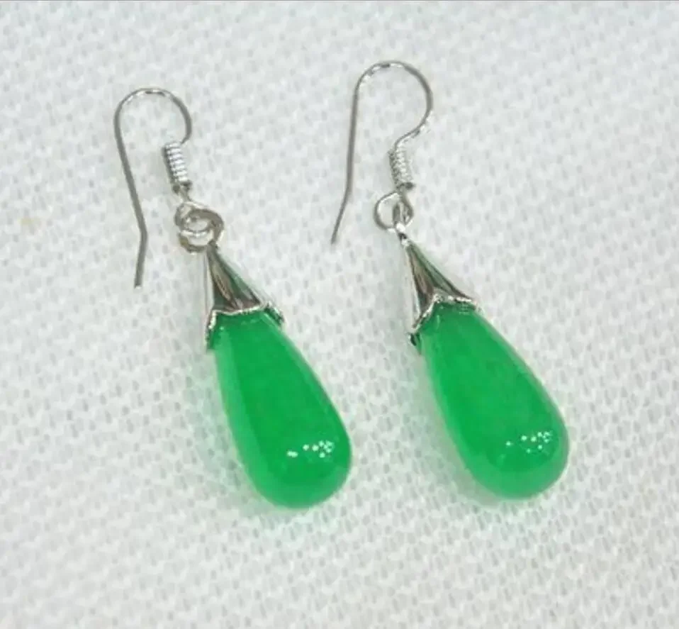 

Fashion jewelry 925 Silver Beautiful Green Jade Water Drop Dropping Necklace Hook Earring