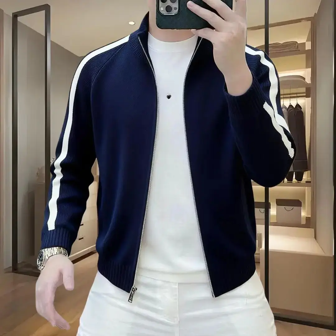 

Мужской вязаный кардиган с длинными рукавами, модный повседневный, с воротником-стойкой, в полоску, универсальный, весенняя новинка, верхняя одежда