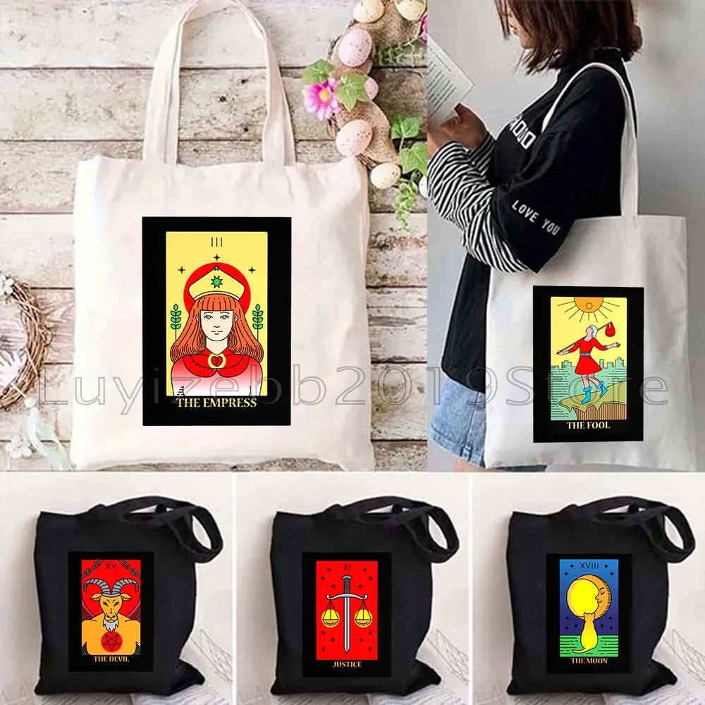 

THE MOON STAR SUN KING QUEEN CHARIOT EMPEROR EMPRESS FOOL HERMIT DEVIL Flower Cat Tarot Card Canvas Tote Bag Fashion Eco Handbag