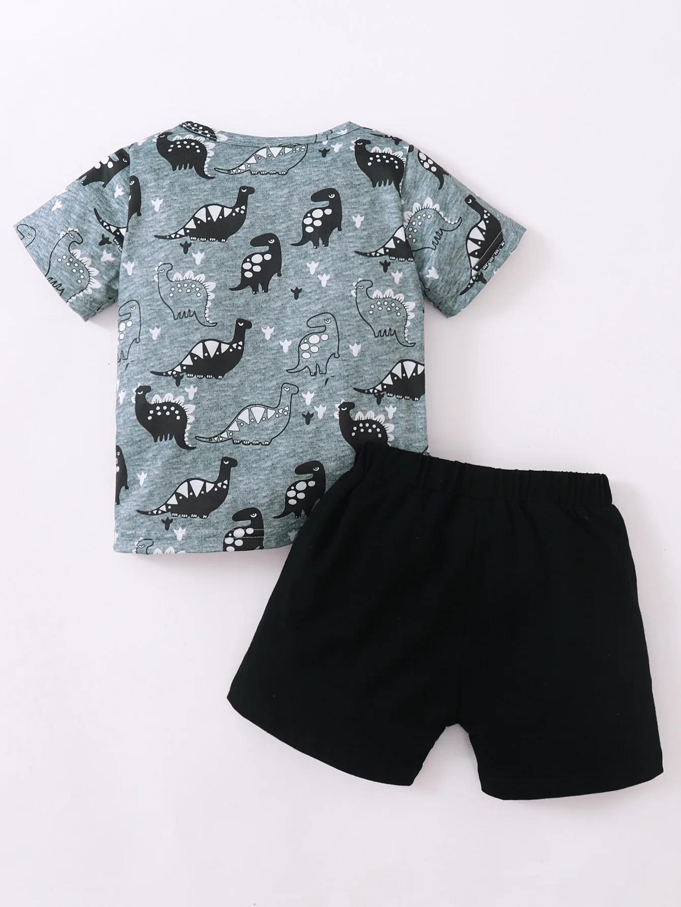 Casual Summer Outdoor Boy Baby Round Neck Cartoon Dinosaur Print Short-Sleeved T-Shirt Pure Black Shorts Daily Two-Piece Suit