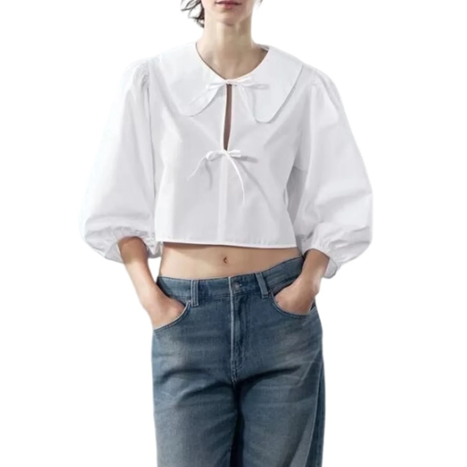 

Fashionable women's shirt white top cute solid color long sleeved short top casual loose summer commuting elegant women's shirt