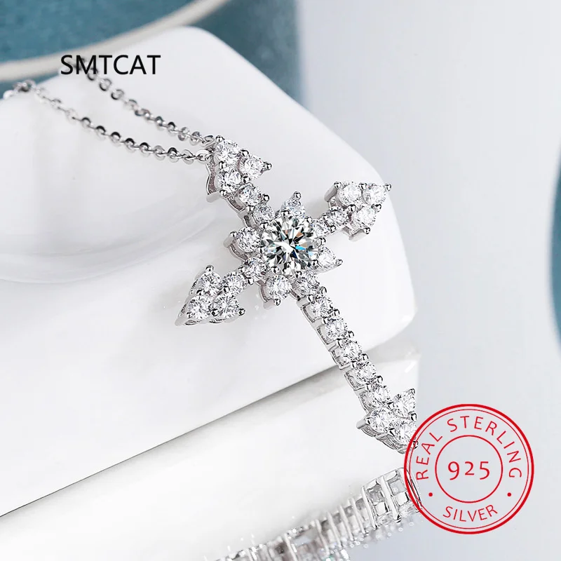 S925 Silver Christian Religious Cross Pendant Necklace 0.9Ct Moissanite D VVS Color Pendant Fine Jewelry Gifts