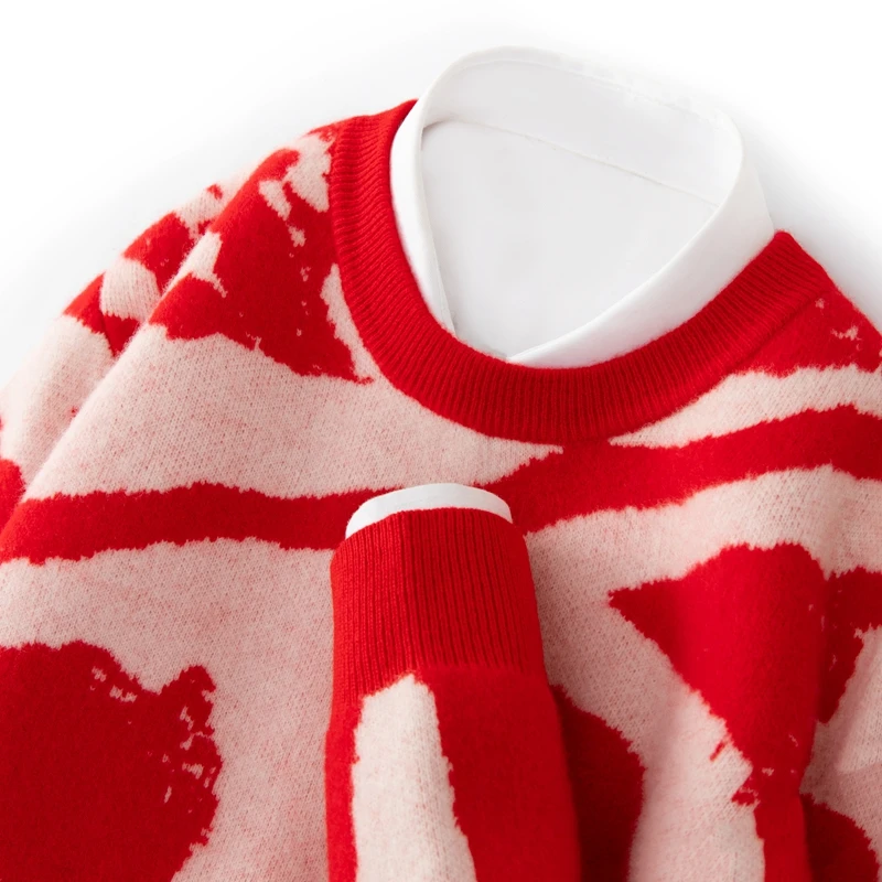 New Jacquard Contrast Men's Crewneck Sweater in Autumn and Winter 100% Pure Wool Knitted Bottom Shirt