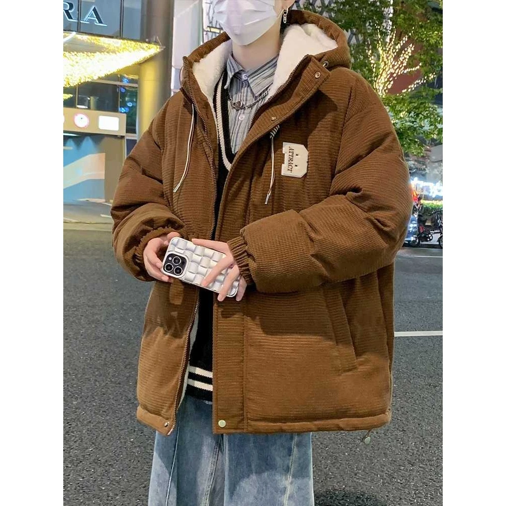 

Lamb Velvet Fce Lined Thiened Men's Cotton Jaet Autumn Winter Warm Outerwear Hooded down Cotton Coat Trendy Zipper Clo...