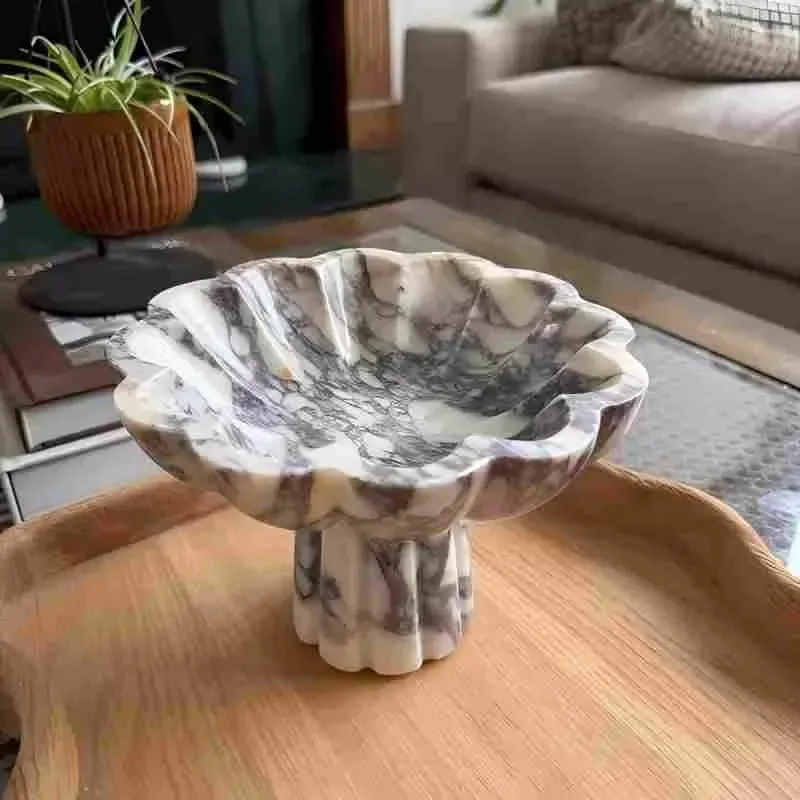 Deluxe Scallop Edge Caracatta Violet Marble Base Bowl Multi Purpose Jewelry Fruit Storage Ornament