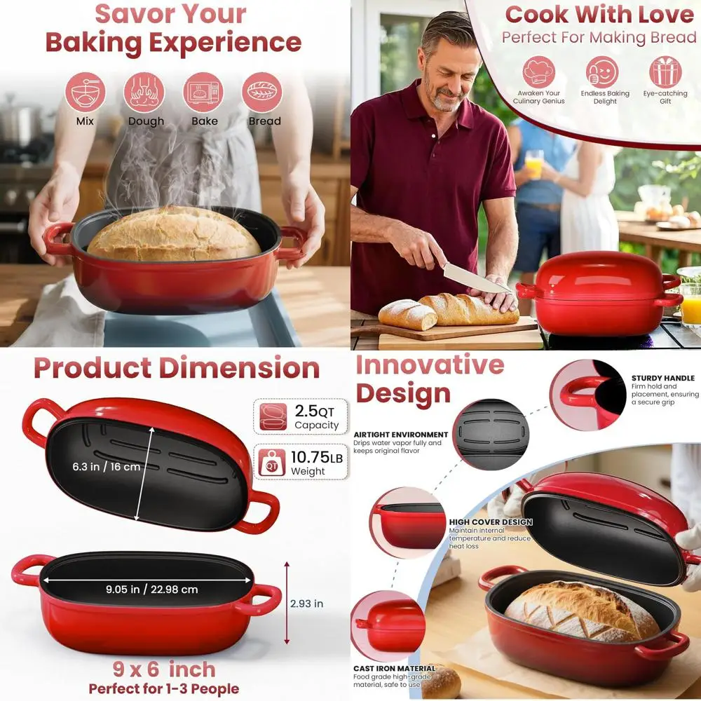 

2.5 Quart Cast Iron Dutch Oven for Sourdough, Blue Oval Loaf Pan with Lid, Perfect for Homemade Bread Baking, Ideal Gift for Bak