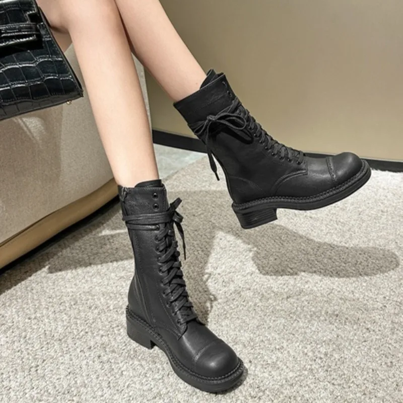 

Fashion Platform Boots for Women High Quality Vintage Ladies Velvet Boots British Style Lace-up Women's Booties Botas Para Mujer