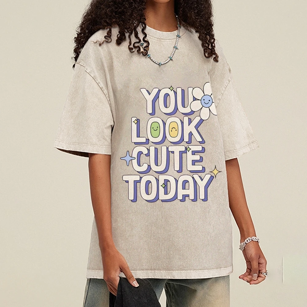 

You Look Cute Today Korean Reviews Many Girls Clothes Quality Oversized Acid Washed Y2K Women Men Vintage Sleeve T-shirts