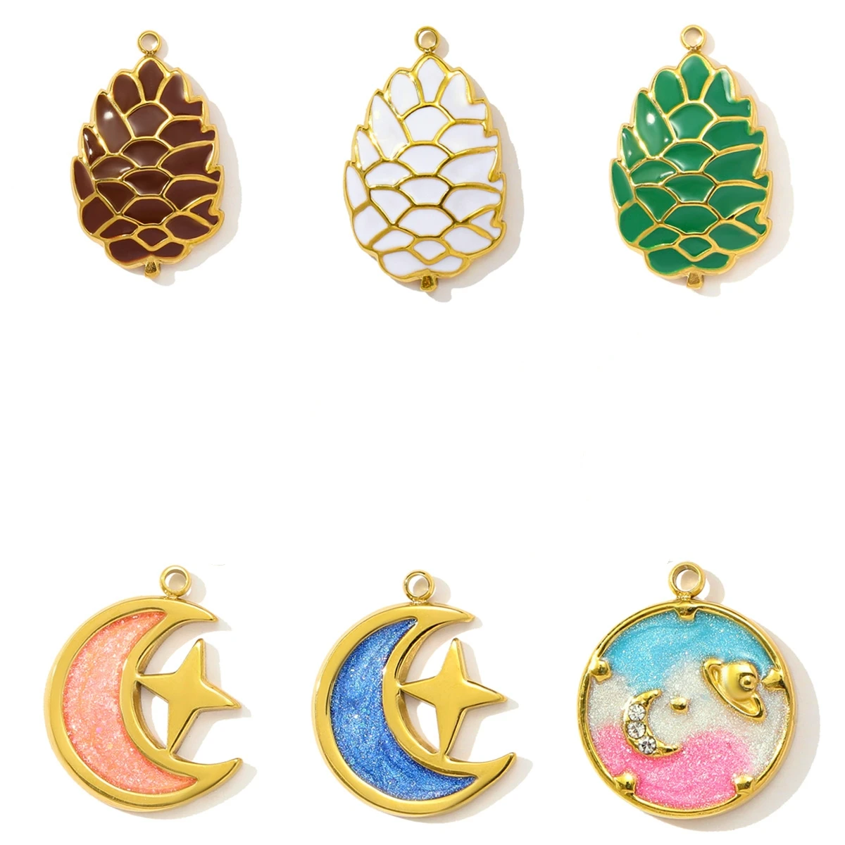 3Pcs/Lot Stainless Steel Moon Star Charms Pine Cone Pendants For DIY Making Necklace Earrings Jewelry Accessory Wholesale