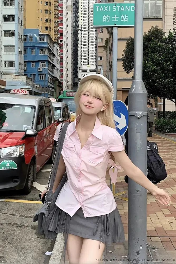 

Summer 100% Cotton Women's Short Sleeve Blouse W/ Pocket Slimming Bodycon Design Korean-American Girlish Racer Back Shirt