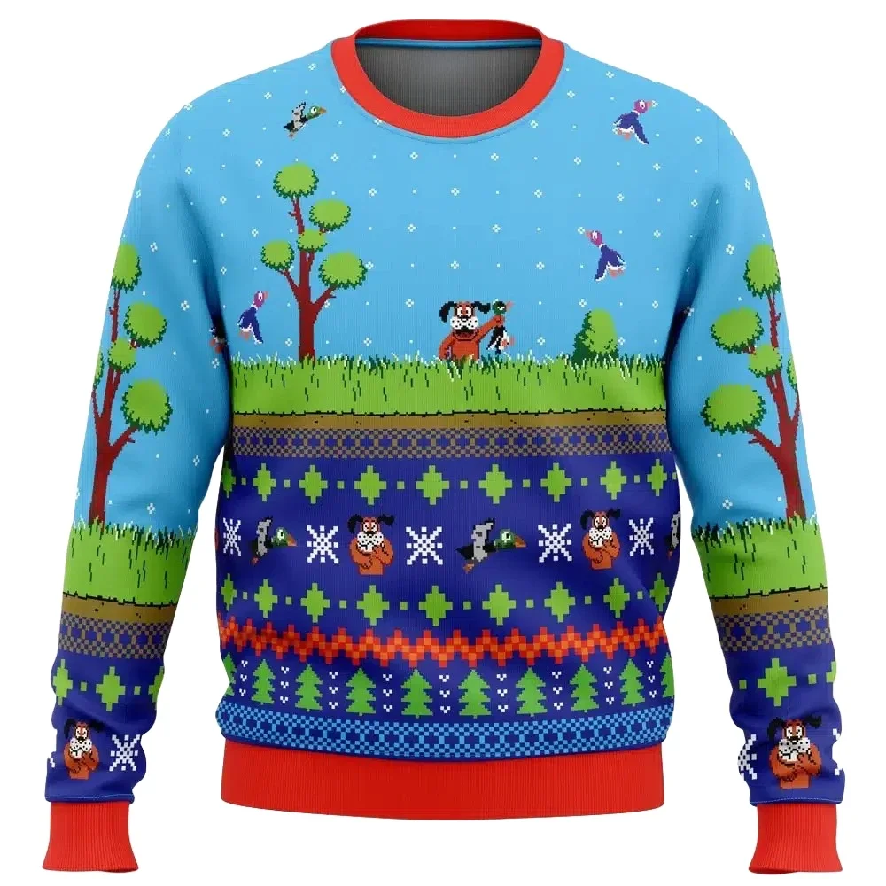 Matching Ugly Christmas Sweater Retro Duck Hunt Pixel Game Print Pullover Xmas Holiday Party Sweatshirt for Men Women Kids
