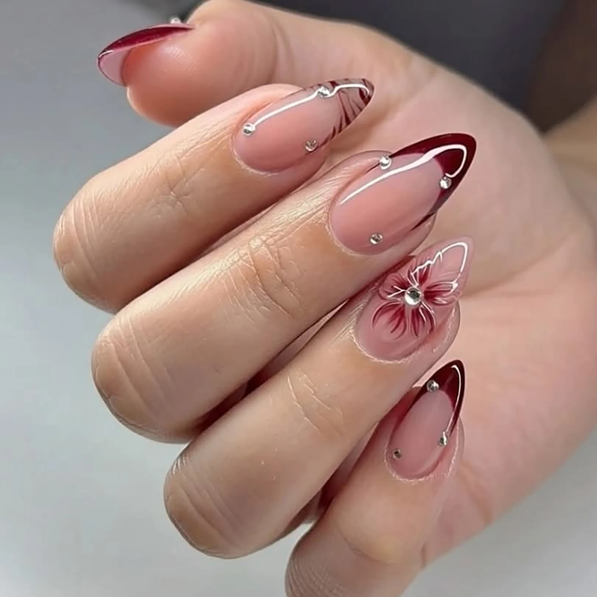 Transform Your Nails | 24Pcs Luxe Elegant Nude Burgundy French Press On Nails, Almond Shape with Floral & Rhinestone