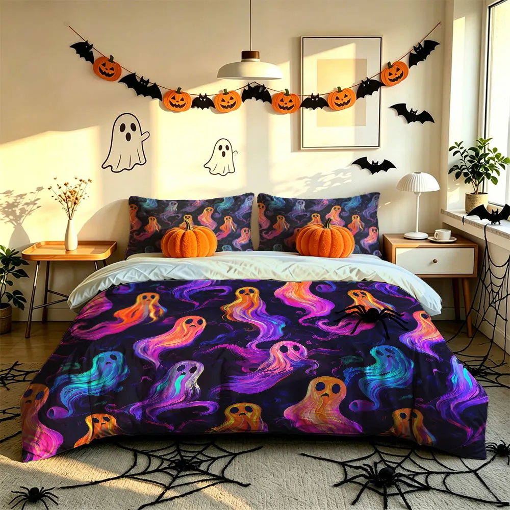 3PCS Colorful Ghost Print Bedding Set, 1 Duvet Cover + 2 Pillowcases, No Filling, Soft Comfortable Fabric, Machine Washable F