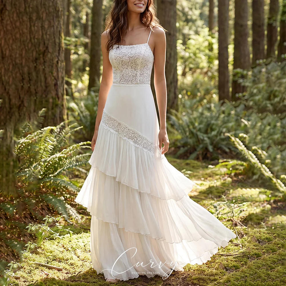 

Curvy Boho Spaghetti Strap Square Neck Lace Floral Lace Tiered Ruffle Chiffon A Line Wedding Bridal Gowns for Women Customized