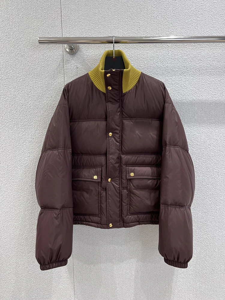 سترة شتوية بيضاء كاجوال يومية للنساء، سترة سفلية برقبة دائرية وسحاب فضفاض وأكمام طويلة