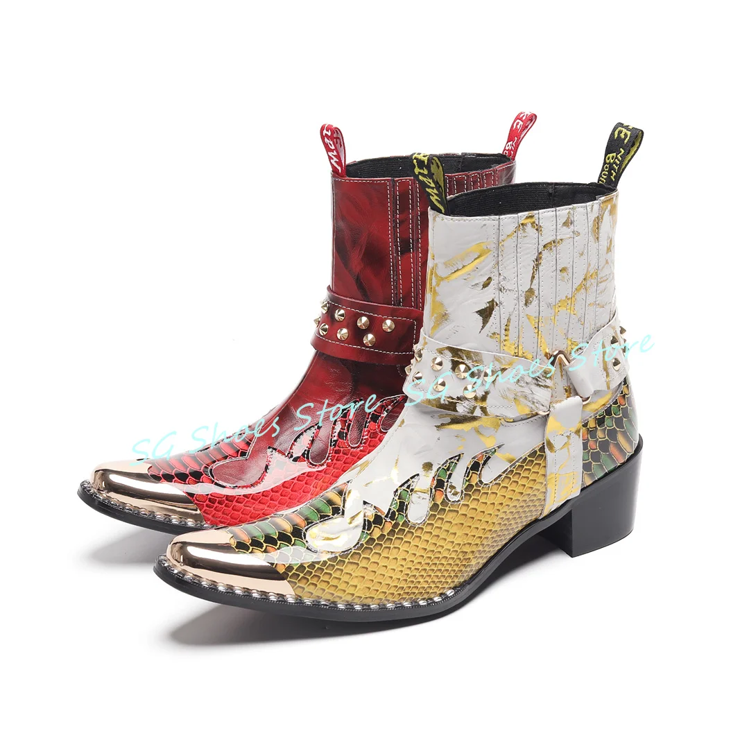 

Genuine Leather Western Cowboys Boots for Men Mixed Color Chunky Heel Chelsea Boots Punk Rivet Belt Buckle Male Motorcycle Boots
