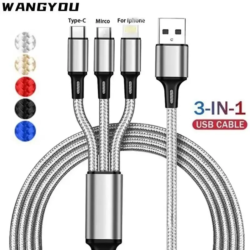 3 In 1 USB Fast Charging Cable Type C Micro IOS Multi Charger Cable for iPhone Huawei Samsung Nylon Braided Cord