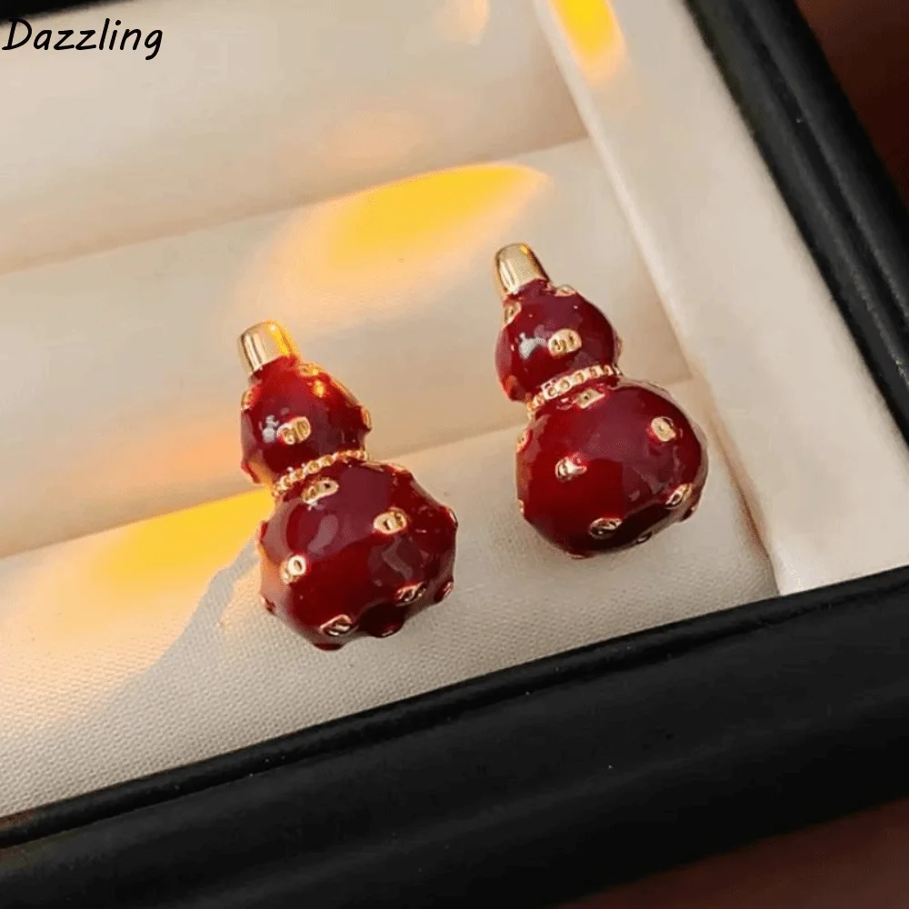 Pendientes de calabaza de la suerte con esmalte rojo, diseño elegante, estilo chino, amuleto de la suerte, joyería oriental