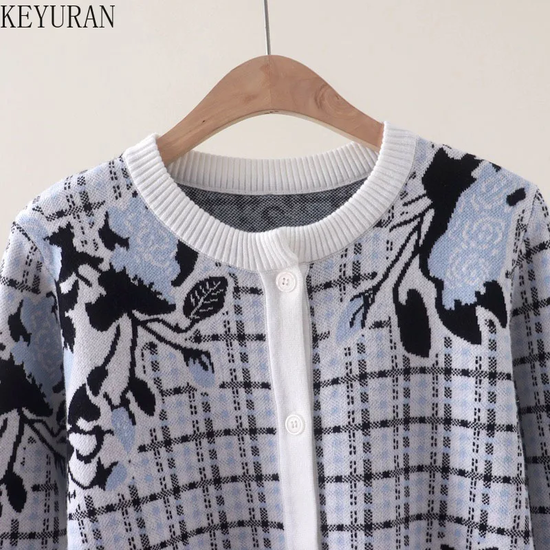 Sweter damski z dzianiny w kratę i kwiaty, elegancki, modny, z okrągłym dekoltem, długi rękaw, dzianinowe topy, kurtki, płaszcze, swetry damskie, 2025