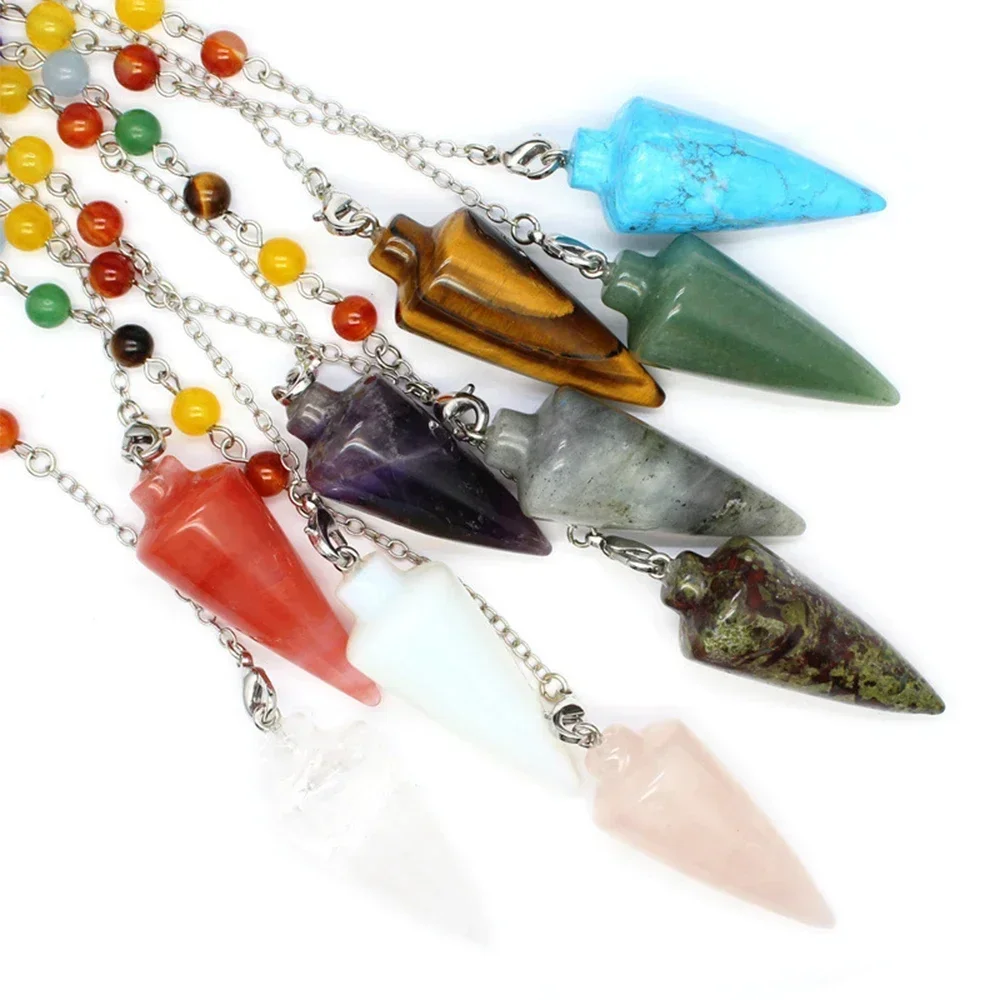 

Mineraali Cone Natural Crystal Stone Pendulum for Dowsing Divination 7 Chakras Round Beads Chain Column Reiki Spiritural Pendule