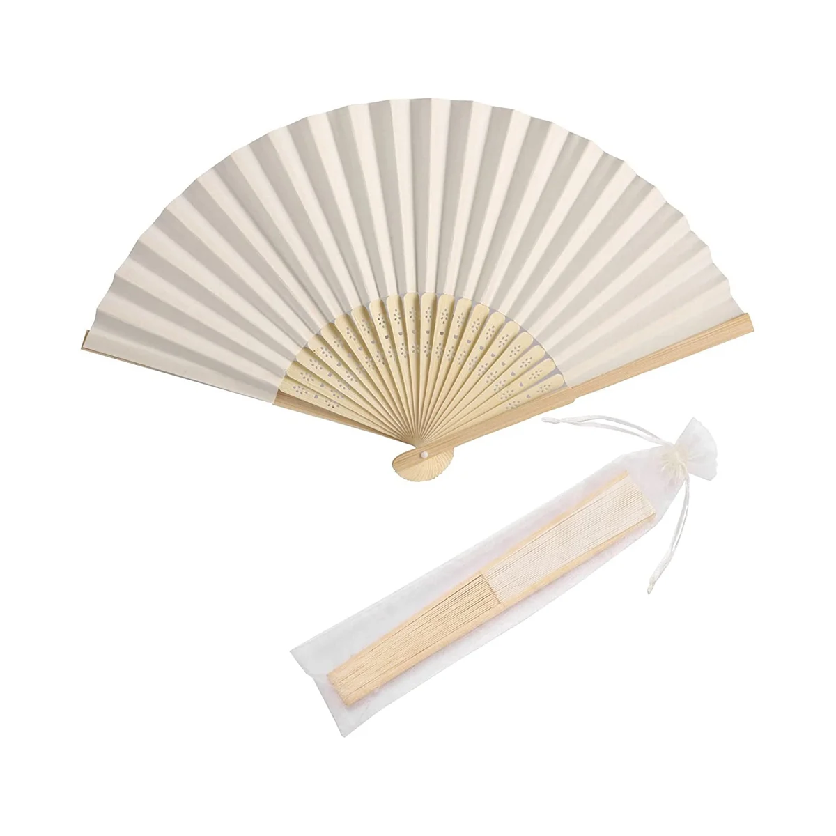 50Pcs Paper Hand Fan Bamboo Handheld Folded Fan Decorative Paper Fan Wedding Party Favors (Cream)