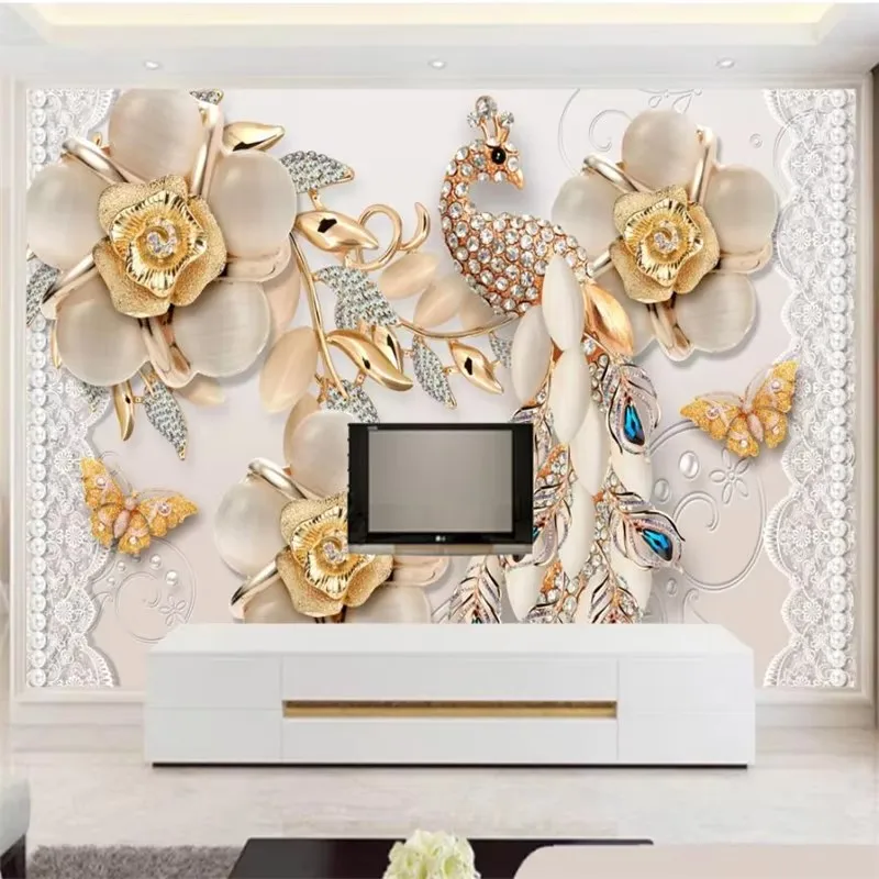 papel de parede 3d  Custom wallpaper  Luxury jewelry peacock flowers wall background wallpapers for living room home decor mural